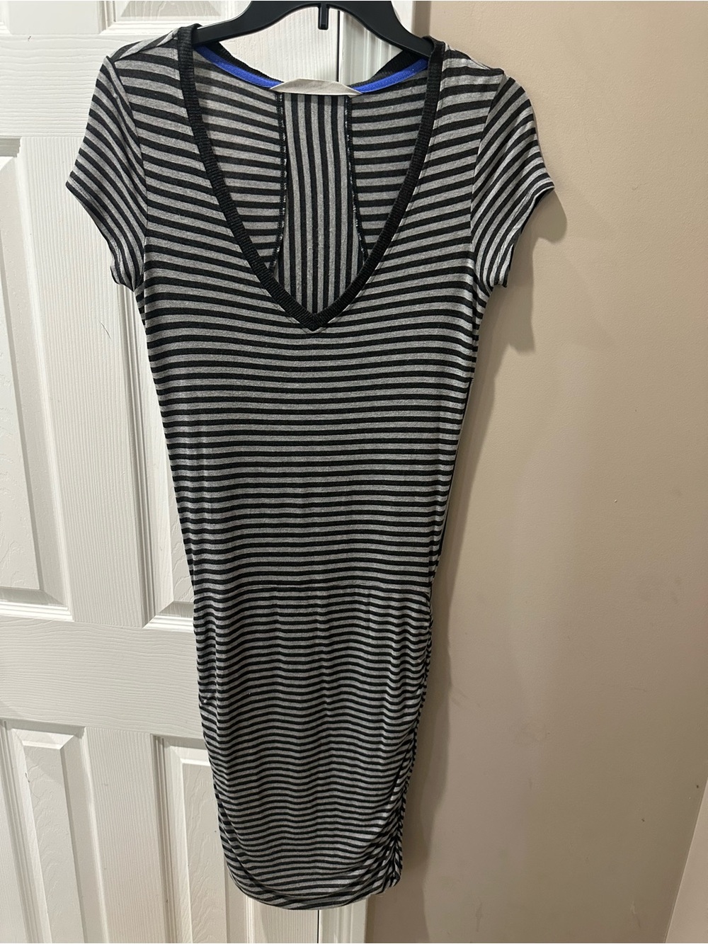 Athleta Black and Gray Striped V-Neck Dress with Blue Trim-Size XXS.